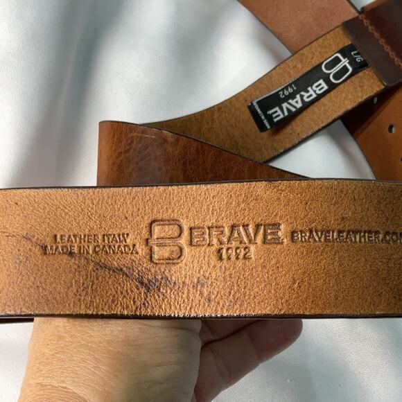 Brave 1992 Brown Italian Leather Belt Men Large Gold Tone Buckle Cognac